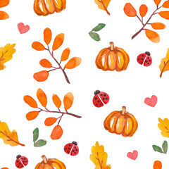 Seamless pattern with autumn leaves. pumpkins, ladybug and hearts on a white background. Autumn patern with dry leaves hand-drawn in watercolor.