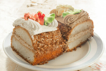 A piece of sweet cake in a plate on the table