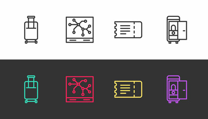 Set line Suitcase, Railway map, Train ticket and Toilet the train car on black and white. Vector