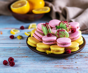 yellow pink green macaroons with raspberries and lemon