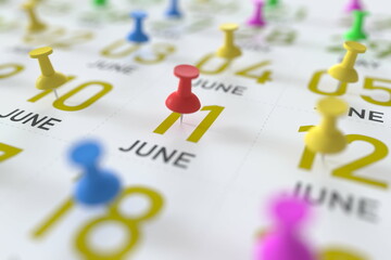 June 11 date marked with red pushpin on a calendar, 3D rendering