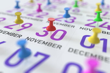 November 30 date and push pin on a calendar, 3D rendering