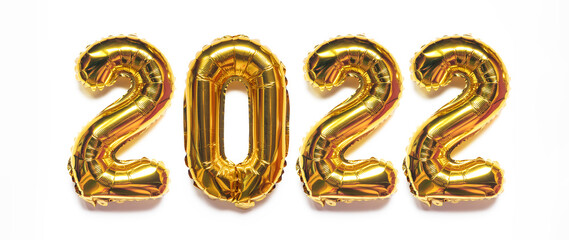 Gold foil balloons isolated on white background. Decoration holiday Happy new year 2022.