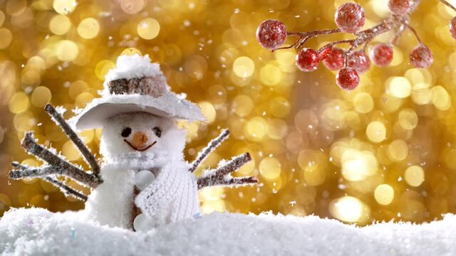 Winter theme with Snowman and Snow flakes Falling. Super Slow Motion Filmed on High Speed Cinema Camera at 1000 fps.