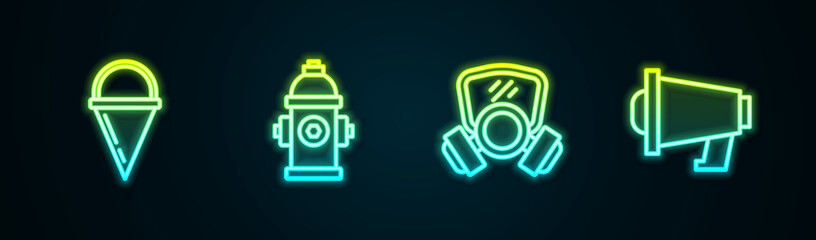 Set line Fire cone bucket, hydrant, Gas mask and Megaphone. Glowing neon icon. Vector