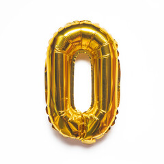 Foil gold balloon number 0 Zero on white background.
