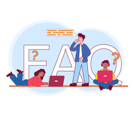 Frequently asked questions concept. Men and Women with Gadget Next to large letters FAQ. Users looking for answer and solution to problem. Cartoon flat vector illustration isolated on white background