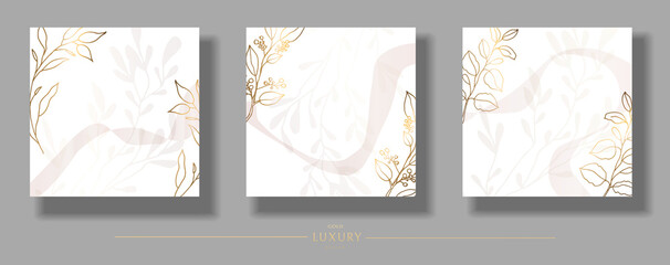 Golden botanical wall set. Square templates with thin shiny line line art of foliage. Abstract plant design for social networks, print, natural wall art. Vector illustration.
