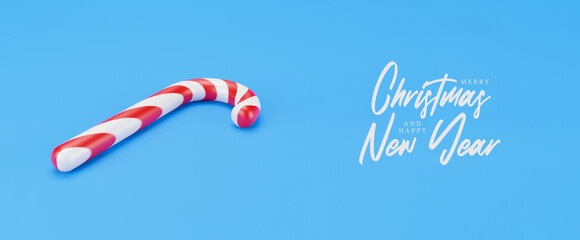 Fototapeta na wymiar Merry Christmas canes, lollipop mint candy with red stripes on blue background. New Years celebration concept. Traditional sweet dessert. 3d render