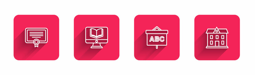 Set line Certificate template, Online class, Chalkboard and School building with long shadow. Red square button. Vector