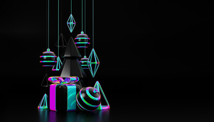 Merry Christmas and happy new year holographic element 3d rendering concept. Christmas elegance iridescent and holographic trendy design Xmas pine fir tree for greeting card, banner placard or poster