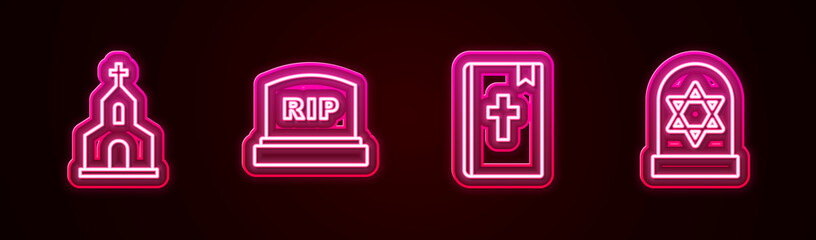 Set line Church building, Tombstone with RIP written, Holy bible book and Grave star of david. Glowing neon icon. Vector