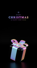 Christmas holographic gift box. Creative discount concept, festive offer, holiday sales illustration, falling holographic gift boxes 3d render illustration. Minimal gift present vertical banner