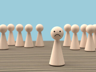 3D illustration, Unhappy wooden figure stands out from the crowd