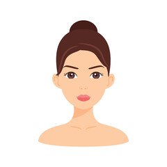 Beautiful Brunette Woman and Nude Upper Body. Cute Female Face. Natural Beauty. Portrait of Young Lady. Front view. Avatar. Cartoon Fashion Style. Illustration for Cosmetology, Medical Design. Vector.