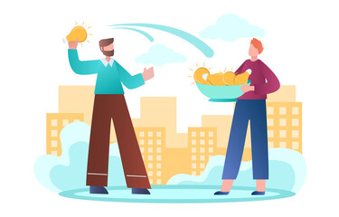 Collecting new ideas concept. Man throws light bulbs to partner, and he catches them in basket. Metaphor for brainstorming and creative. Cartoon flat vector illustration isolated on white background