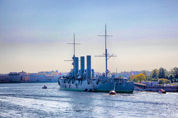 View of the cruiser Aurora in St. Petersburg