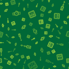 Set line Wrist watch, Laser distance measurer and Bathroom scales on seamless pattern. Vector