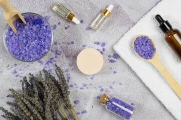 Spa background mockup, product advertising space. Spa composition with oils, sea salt and bath accessories.