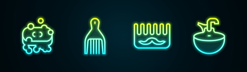 Set line Bar of soap with foam, Barrette, Hairbrush and Washbasin. Glowing neon icon. Vector