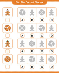 Find the correct shadow. Find and match the correct shadow of Cookies and Gingerbread Man. Educational children game, printable worksheet, vector illustration
