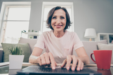 Photo of mature brunette cute lady type laptop wear pink t-shirt at home alone