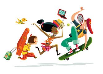 Children and young people, all to school with backpacks, books and skateboards