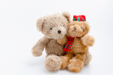Teddy bear brothers and sisters hugging each other isolated on white background with copy space. Love, families, valentine concept.