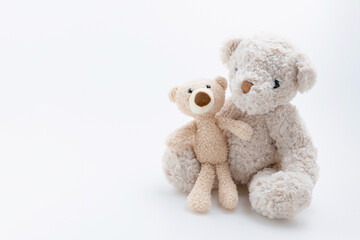 Love, families, valentine concept. Big teddy bears hug baby teddy bears isolated on the white background with copy space.
