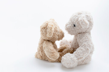 Doll cute brown soft fluffy for child. Couple love teddy bear hugging each other isolated on white background with copy space. Love, families, valentine concept.