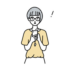 立ってスマートフォンを操作して何かに気づいて驚いた教師の女性