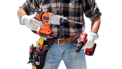 Carpenter holding rechargeable hammer drill and the rechargeable screwdriver, isolated on white background. Work safety.