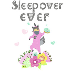 Sleepover ever lettering with a dancing unicorn, with a wreath of flowers.