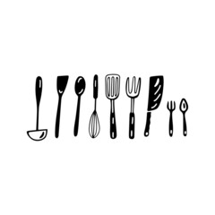 Isolated doodle hand drawn vector kitchen utensils. Design. for a card, logo, poster, web, etc. 