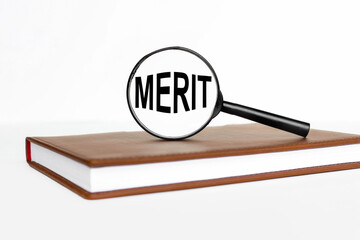 Merit. the inscription in the center of the magnifying glass. on white background