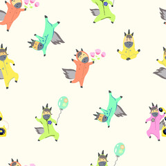 Seamless pattern with multicolored unicorns, pajama party, pastel colors.
