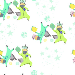 Seamless pattern with unicorns in pajamas, pillow fight, pajama party, gentle tones.