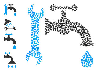 Rounded dot collage plumbing. Vector mosaic is based on plumbing icon, and constructed of randomized round parts. Vector icon of plumbing constructed of irregular round dots.