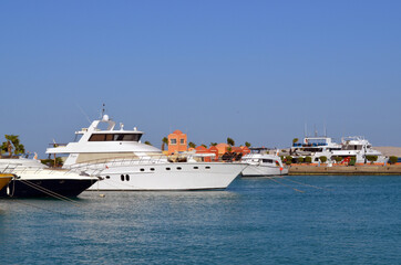 Egypt, Sinai, Hurghada, Red Sea, September 29, 2014: a pleasure boat in the Red Sea at the pier of Sharm el-Sheikh, Egypt. The boat is anchored. Copy space