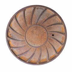 Old round rusty iron manhole cover isolated on white 