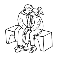 Vector illustration of Valentine's day couple doodle. hand drawing. sketch. couple in love, girl and guy sit on a bench