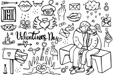 Vector illustration of a big set of valentine's day elements. Lovers, heart, love letterbox, lips, Korean love sign with hand