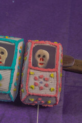 Coffins with sugar cane, typical Mexican sweets made from alfeñique, made for the celebration of...