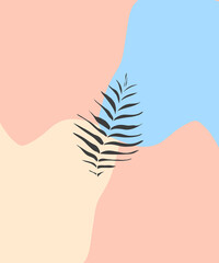 Fototapeta na wymiar Fern leaf. illustration of a hand with a feather. Plant. Spots beige blue and background peach color. Minimalist botanical . Graphics. Vector. wall art. Decor. Decoration