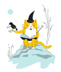 cat with a book learns magic