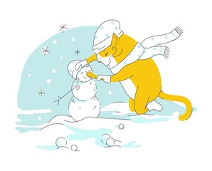  Funny cat sculpts a snowman