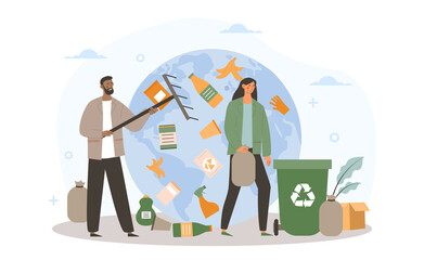 Earth cleaning from garbage concept. Man and woman throw bottles and household waste into container for recycling. Caring for environment. Cartoon flat vector illustration isolated on white background