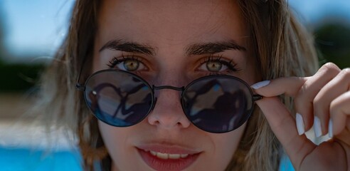Fototapeta premium Woman with green eyes looking at sexy camera.