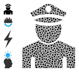 Circle combination policeman. Vector collage is based on policeman symbol, and designed of randomized round parts. Vector icon of policeman designed of randomized round points.