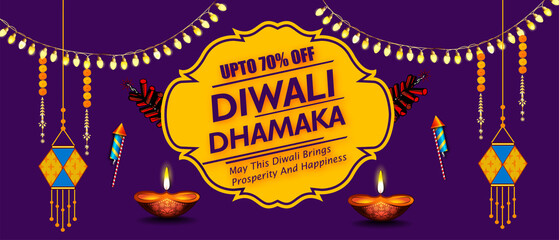 Beautiful greeting card for celebration of shubh deepawali and happy Diwali Holiday background Abstract Grand diwali Dhamaka sale background with offer details  banner or sale poster - 463122779